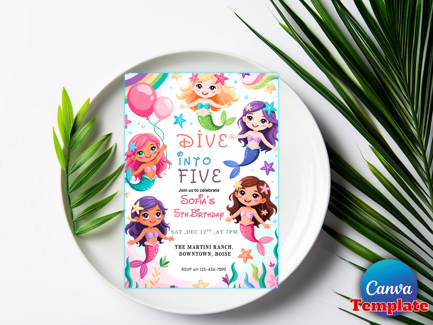 Editable Mermaid Dive Into Five Birthday Party Invitation Cute Whimsical Girly Mermaid Under The Sea Mermaid Birthday Instant Download