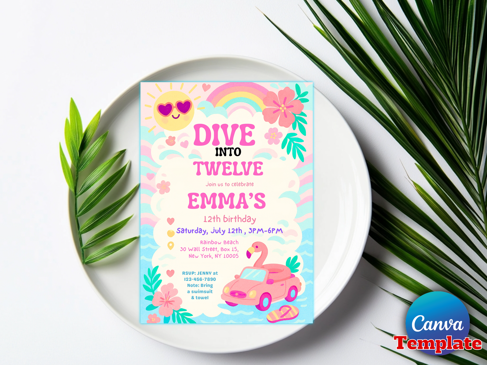 A tropical-themed 12th birthday invitation card displayed on a white plate, surrounded by green palm leaves on a white background. The card features pink flamingos, a pink car, a rainbow, and floral designs.