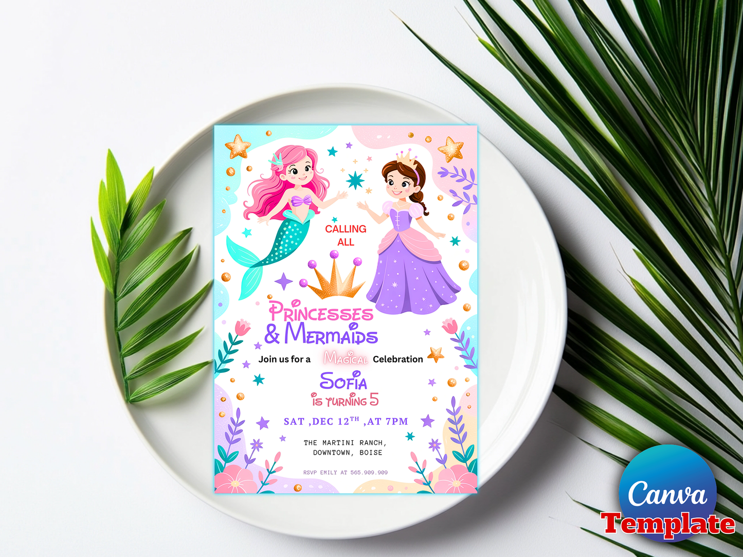 Editable Mermaid And Princess Birthday Invitation Princess And Mermaid Magical Birthday Party Fairytale Birthday Instant Download