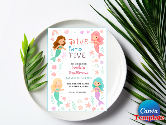 Editable Mermaid Float Into Five Birthday Party Invitation Cute Whimsical Girly Mermaid Under The Sea Mermaid Birthday Instant Download