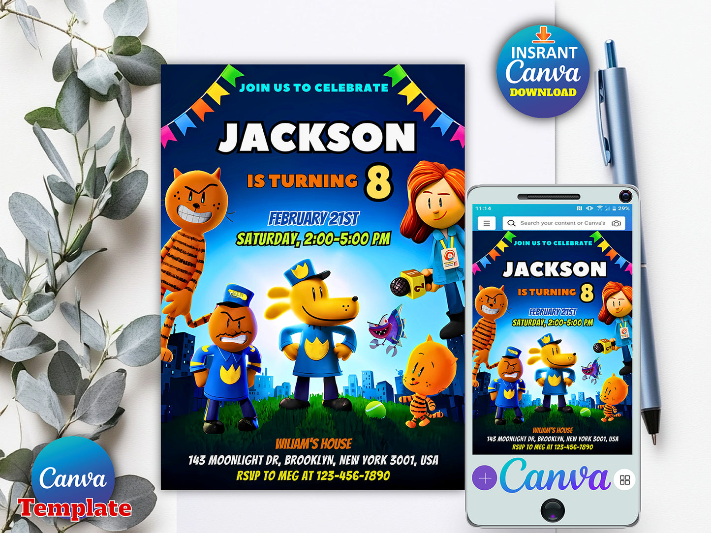 Editable Dog Man Birthday Invitation(Printable)