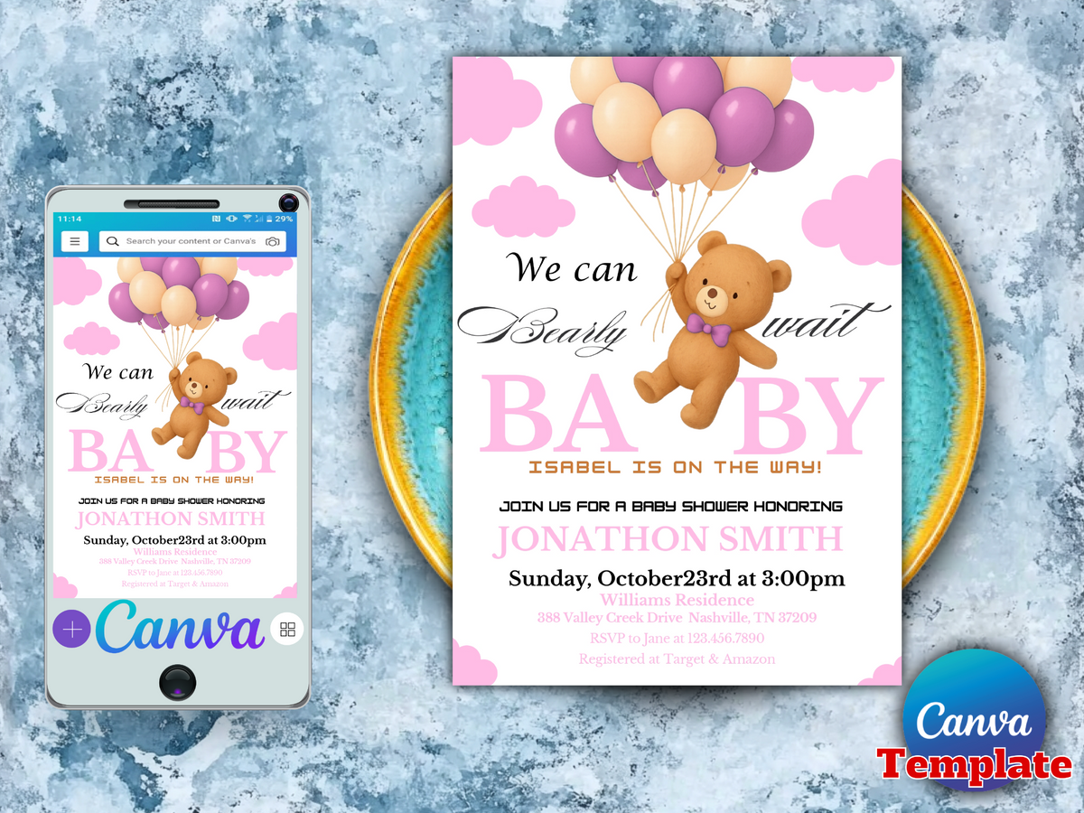 Editable Brown Bear Balloon Baby Shower Invitation Bundle, We Can Bearly Wait Baby Shower Invite, Pink Boho Bear Girl Baby Shower, BBS389