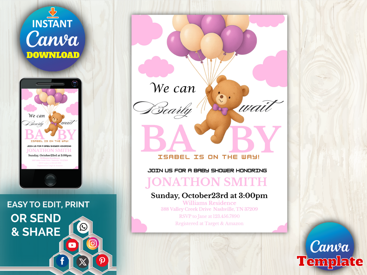 Editable Brown Bear Balloon Baby Shower Invitation Bundle, We Can Bearly Wait Baby Shower Invite, Pink Boho Bear Girl Baby Shower, BBS389