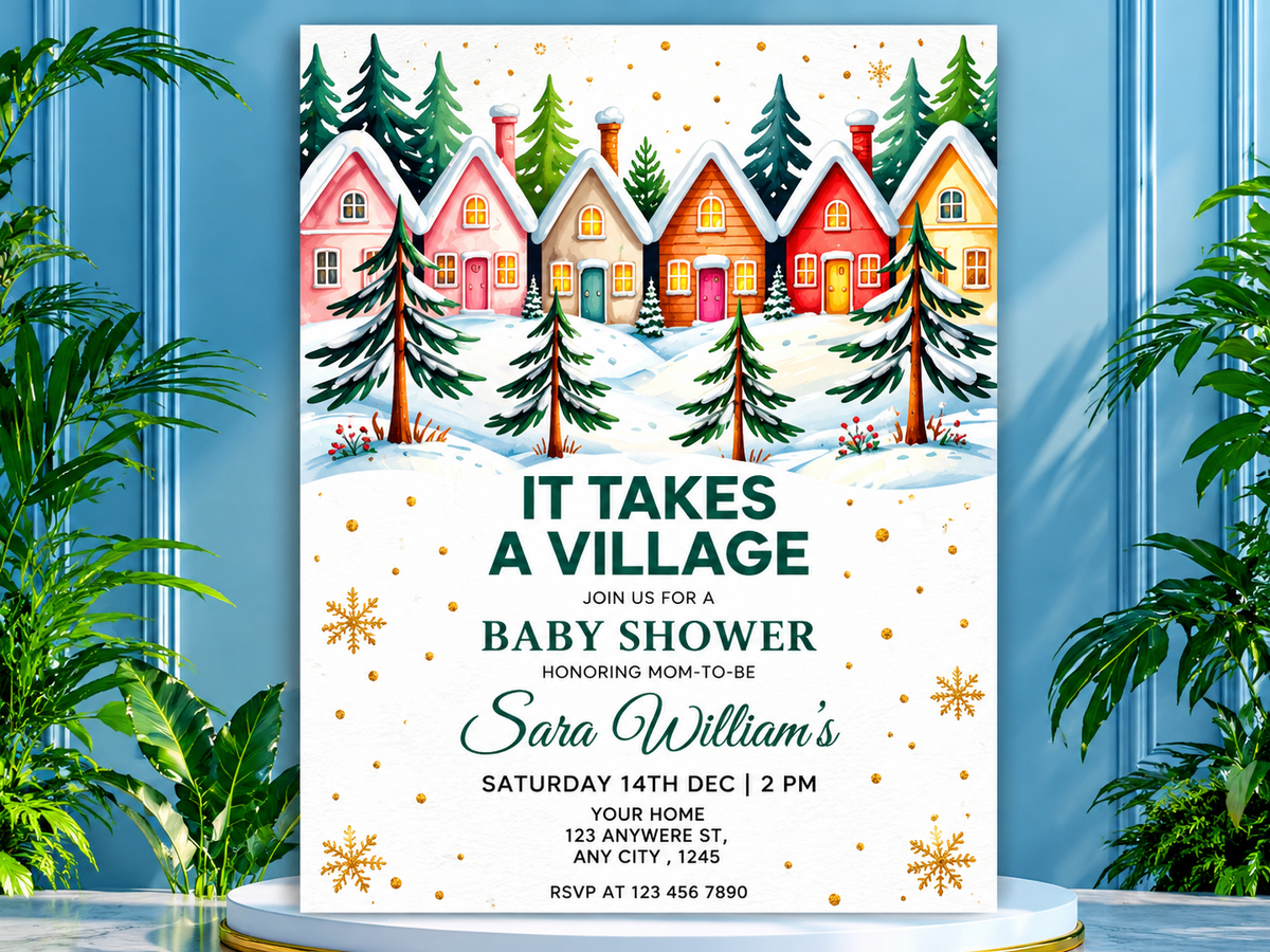 It Takes a Village Baby Shower Invitation, editable template, winter, pink, baby girl shower, Christmas, snow, 5x7, Canva, instant download