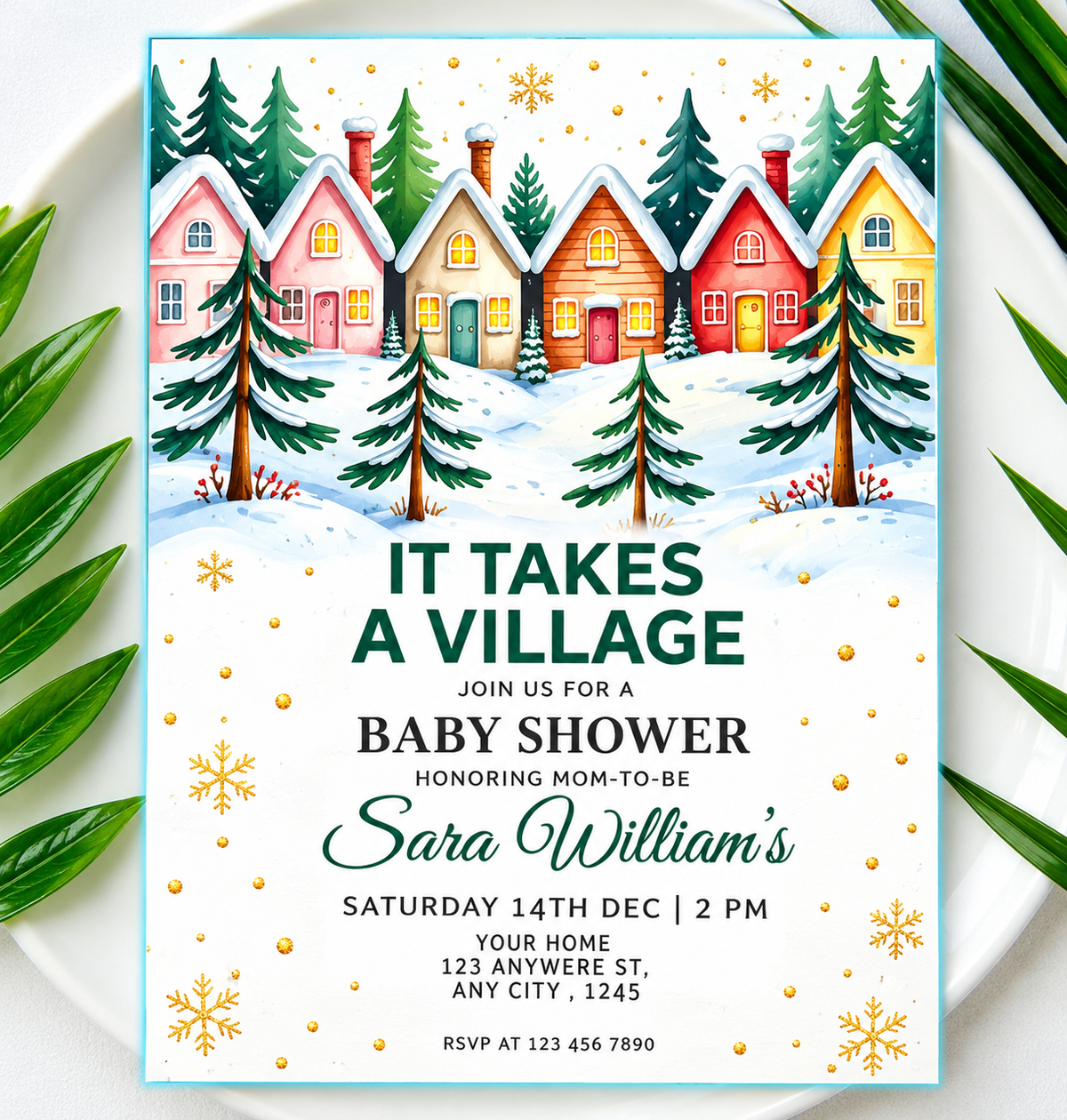 It Takes a Village Baby Shower Invitation, editable template, winter, pink, baby girl shower, Christmas, snow, 5x7, Canva, instant download