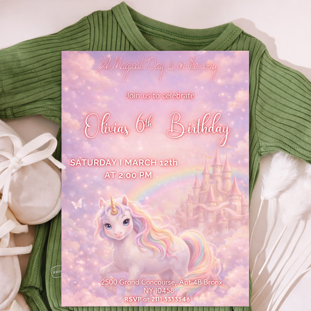 Editable Rainbow Princess Unicorn Birthday Invitation