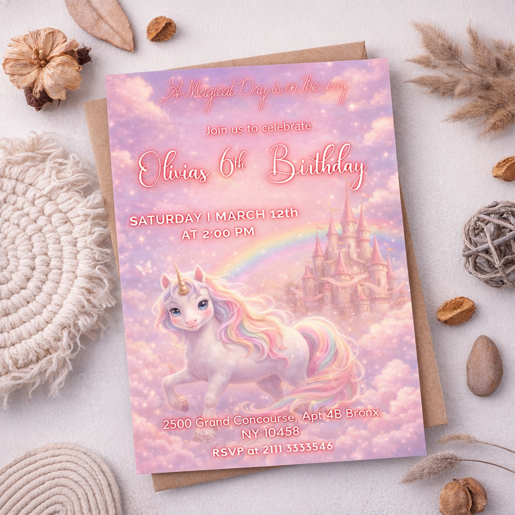 Editable Rainbow Princess Unicorn Birthday Invitation