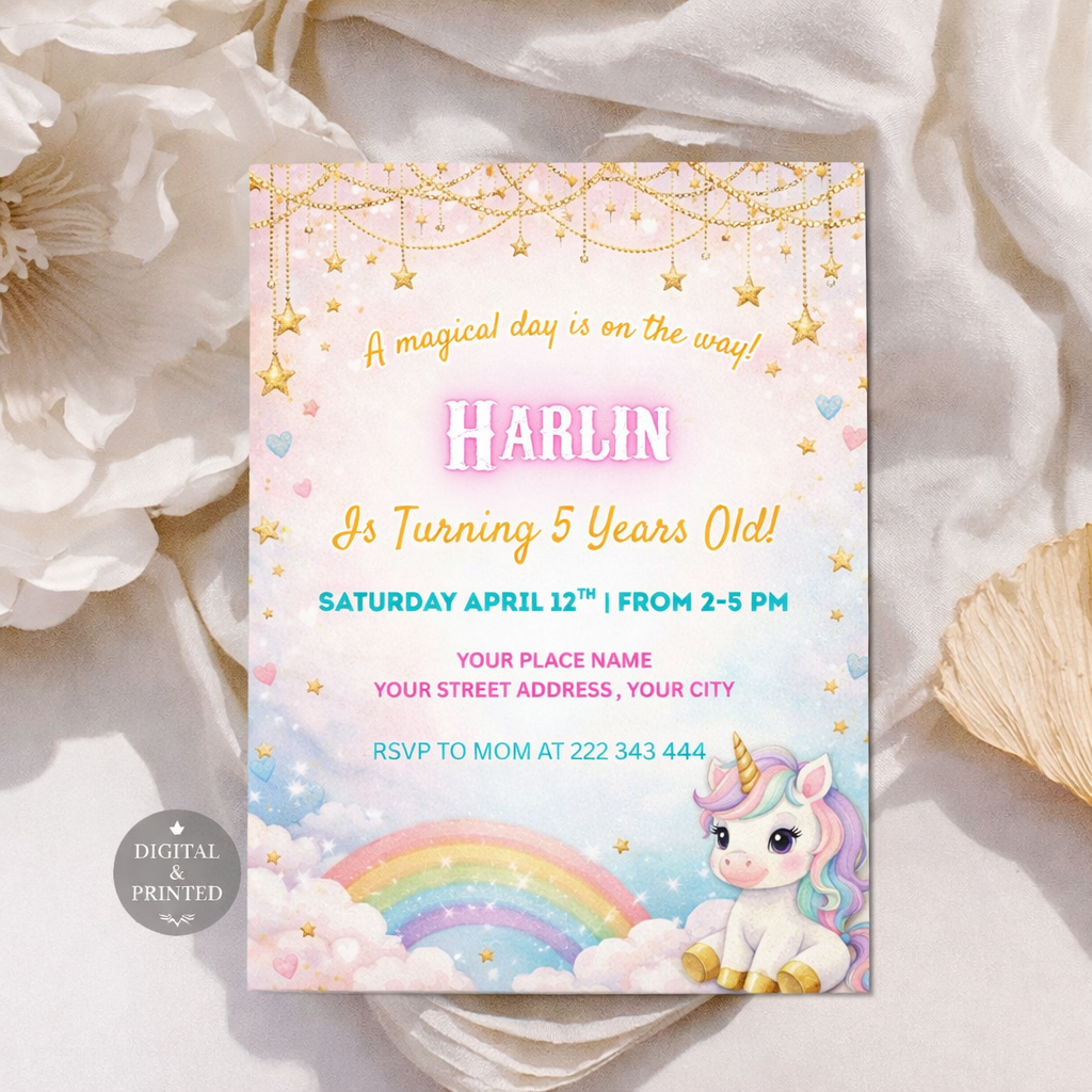 Pastel, Rainbow Unicorn Sparkles and Gold Invitation