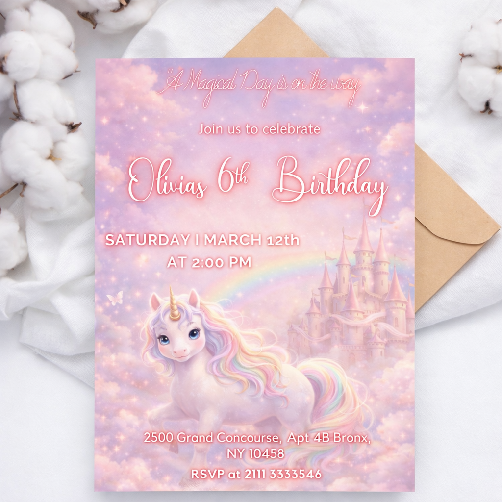 Editable Rainbow Princess Unicorn Birthday Invitation