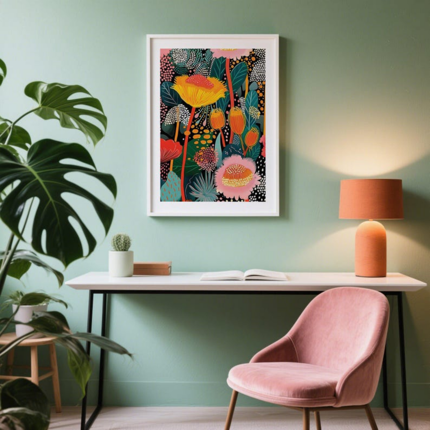 Tropical Wall Art With Bold Yellow and Pink Flowers(Printable+Physical)