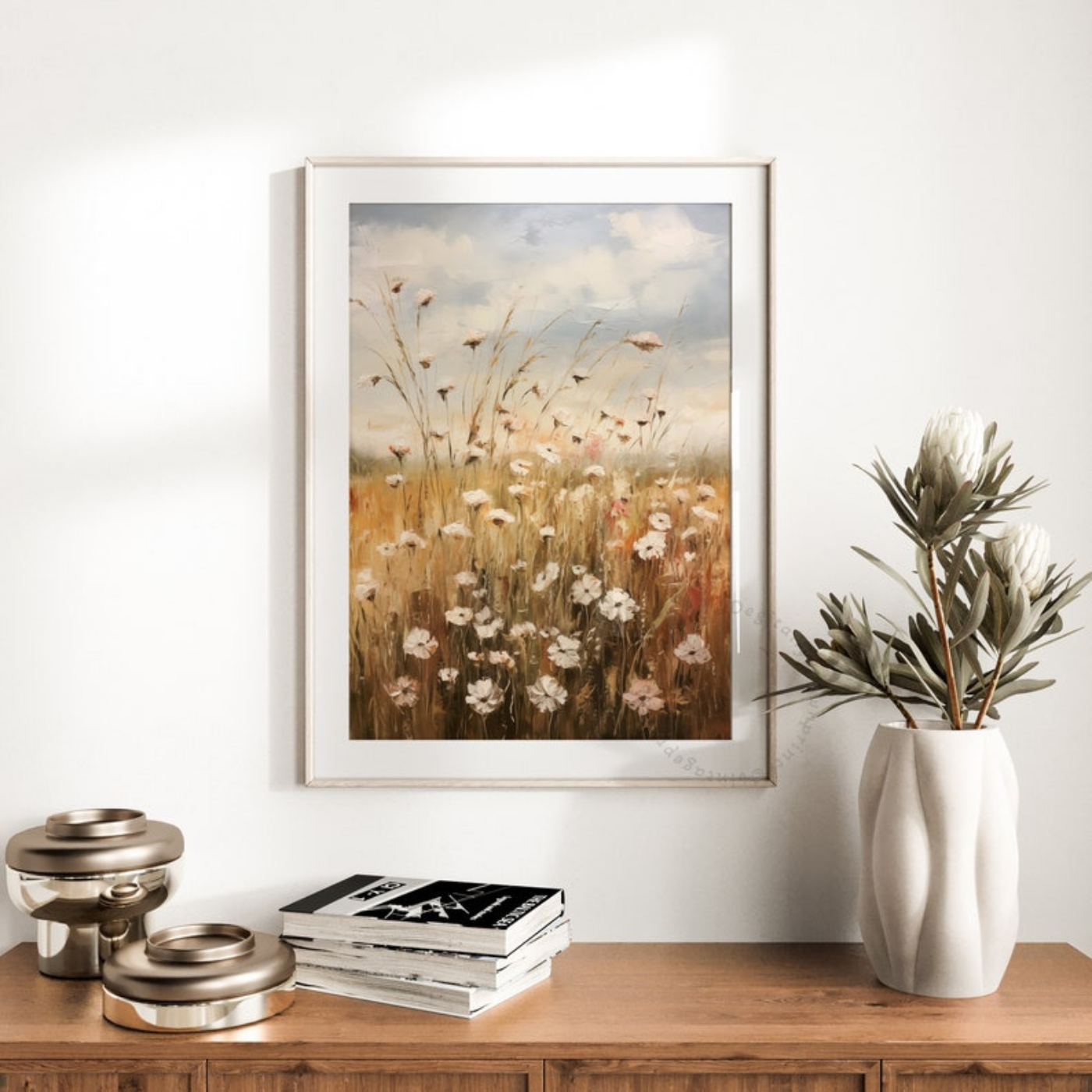 Neutral Vintage Wildflowers Summer Landscape Printable Wall Art(Printable+Physical)