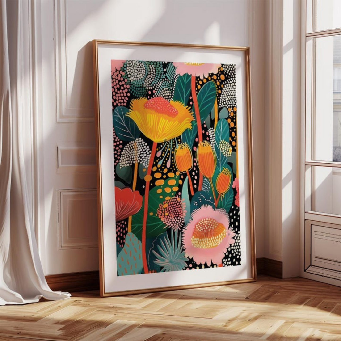 Tropical Wall Art With Bold Yellow and Pink Flowers(Printable+Physical)