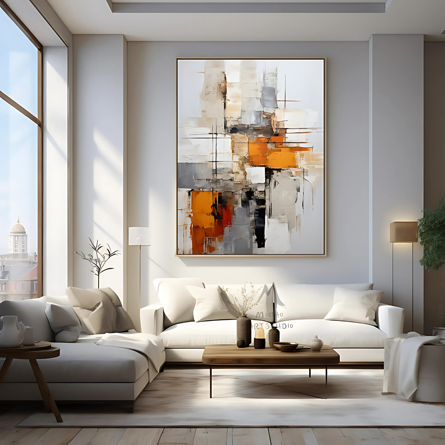 Orange Abstract Painting Beige Minimalist Art(Printable+Physical)