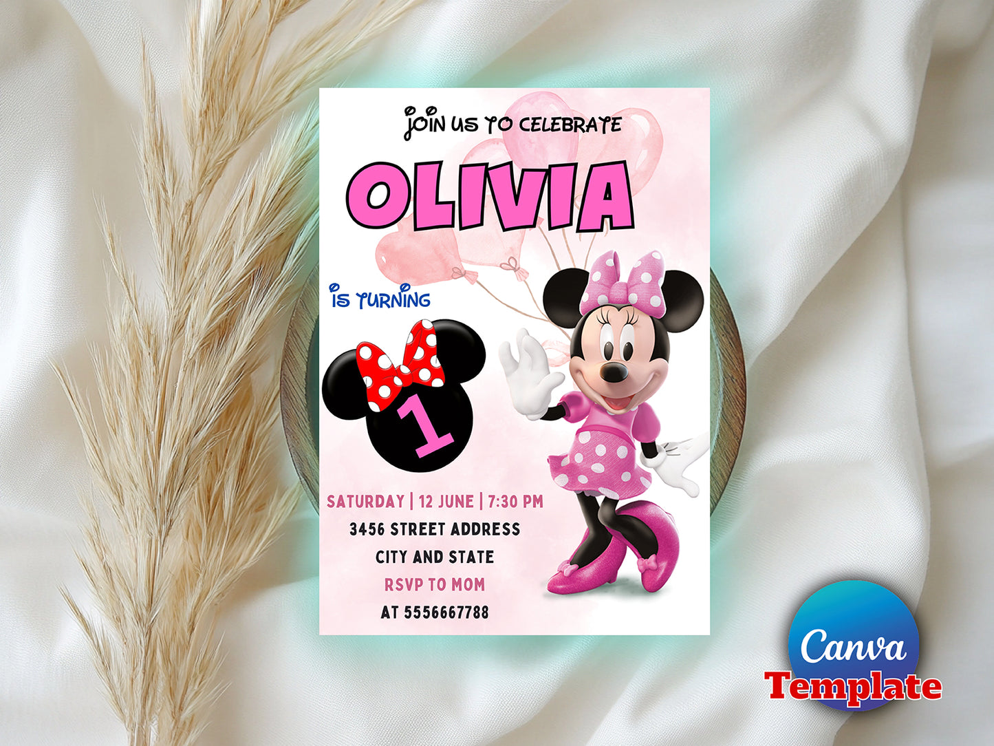 Editable Minnie Mouse Birthday Invitation(Printable)