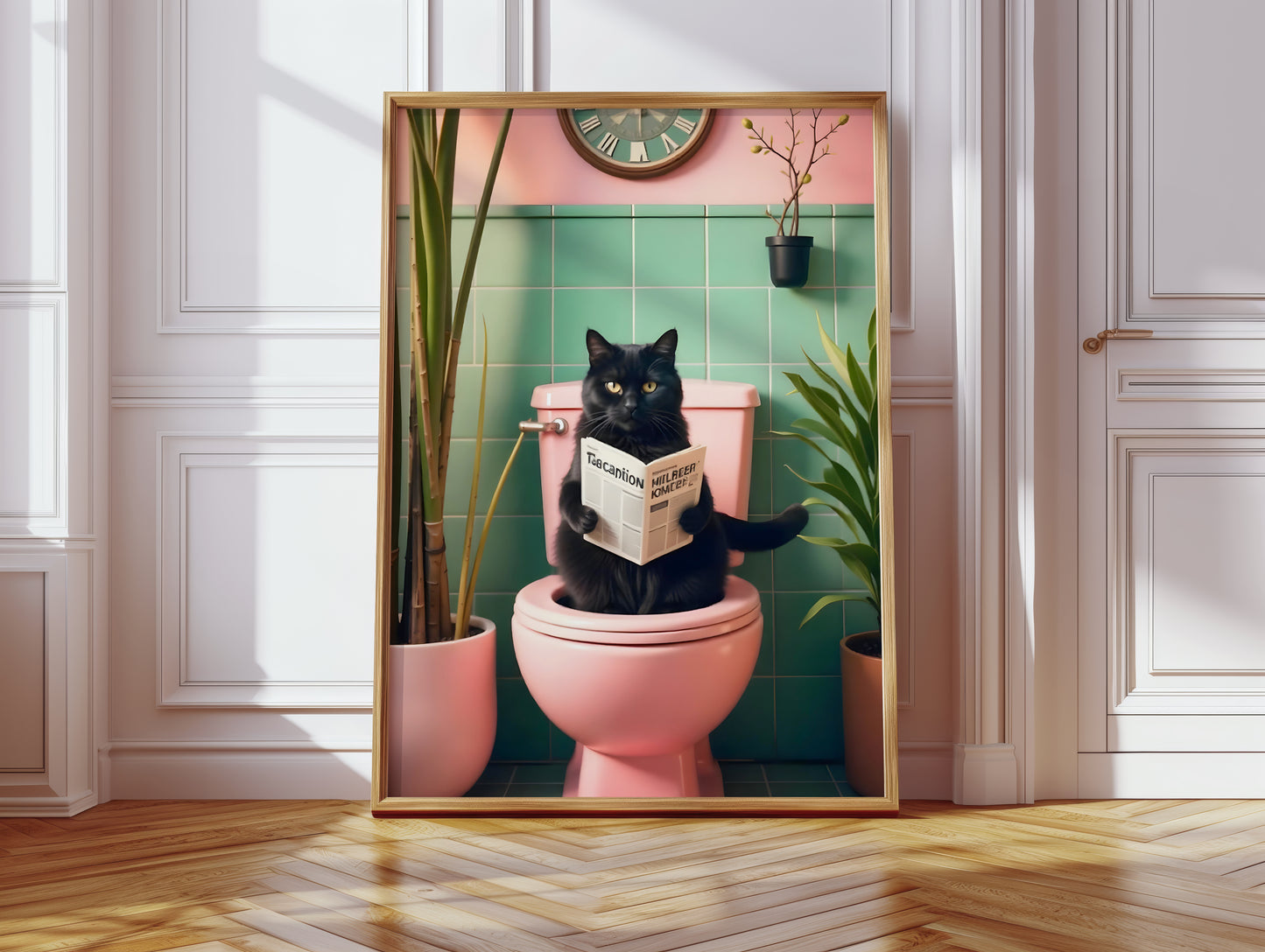 Bathroom Cat Print reading on Toilet(Printable+Physical)