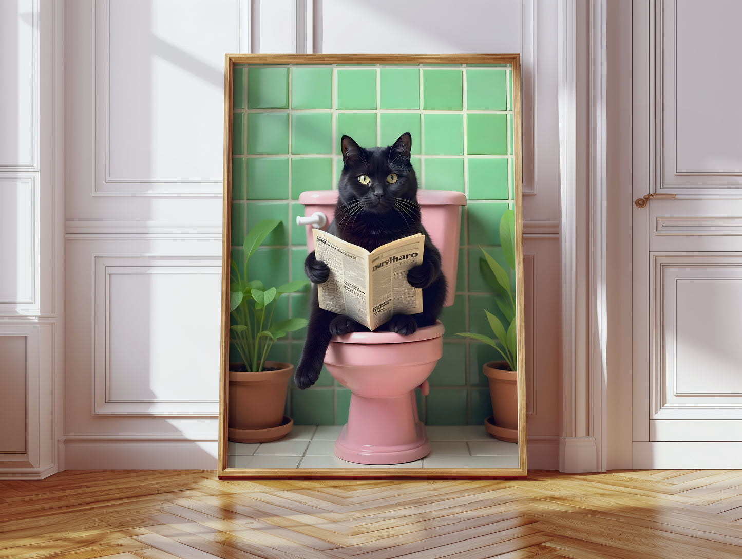 Bathroom Cat Print reading on Toilet(Printable+Physical)