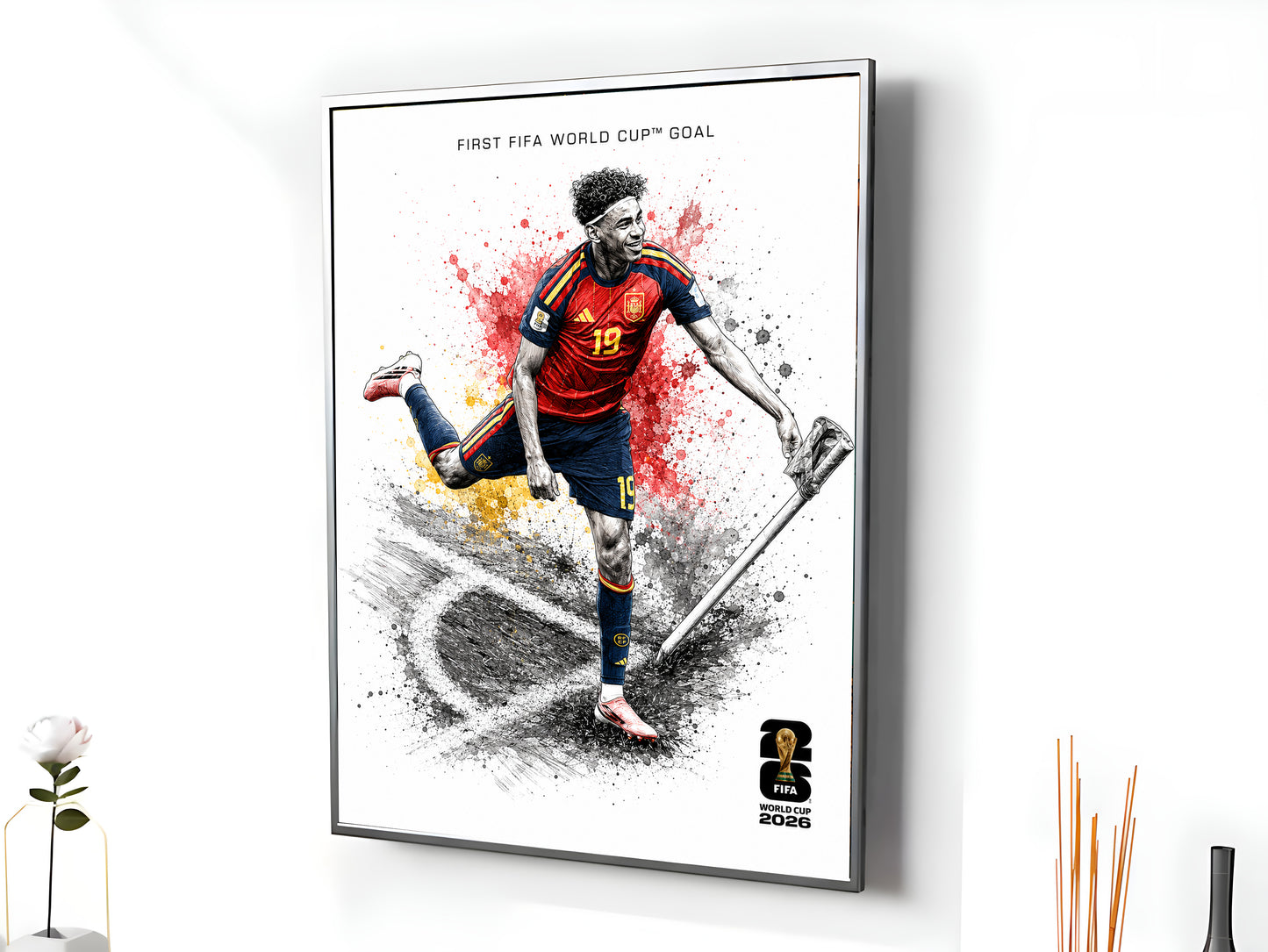 Lamine Yamal Spain First FIFA World Cup Goal Poster Corner Flag Celebration Splatter Wall Art (Printable+Physical)