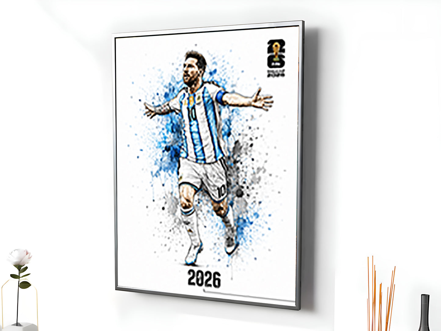 Lionel Messi Argentina 2026 World Cup Poster Arms Outstretched Watercolor Football Wall Art (Printable+Physical)