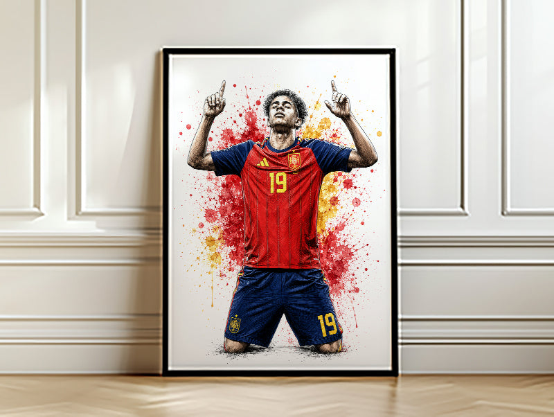 Lamine Yamal Spain Knee Slide Celebration Poster Number 19 Yellow Crimson Ink Wall Decor (Printable+Physical)