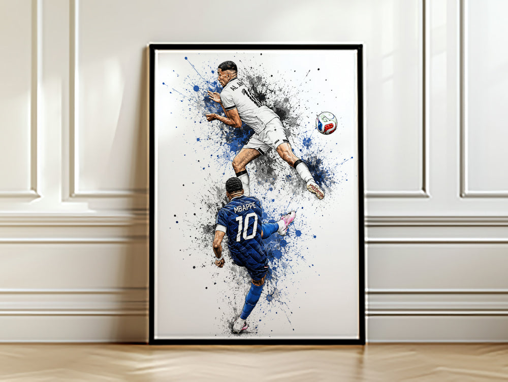 Mbappe Dual Action Football Poster Airborne Volley Watercolor Soccer Wall Art (Printable+Physical)