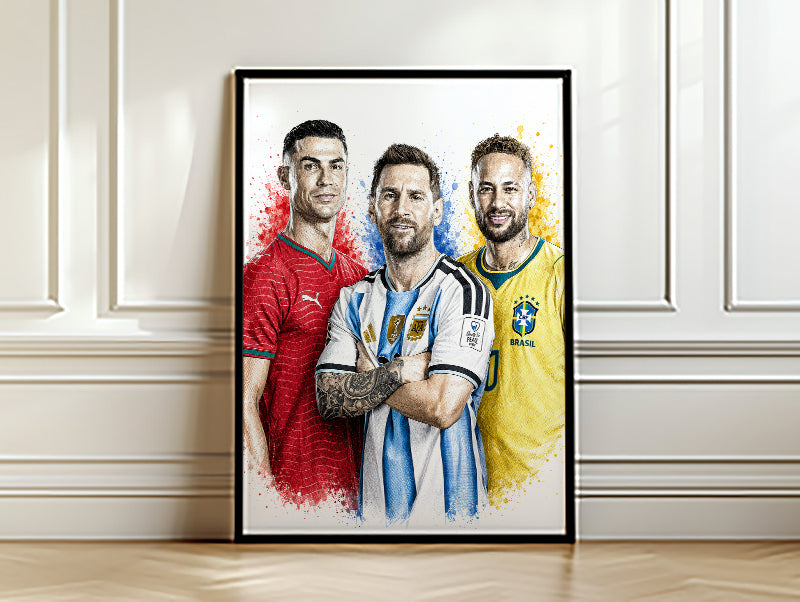 Football Triumvirate Messi Ronaldo Neymar Poster Trio Legends Watercolor Sketch Wall Art (Printable+Physical)