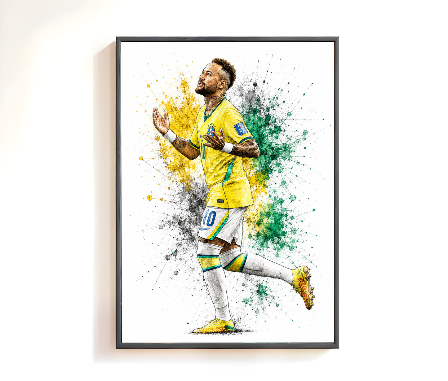 Neymar Jr Brazil Looking Up to Sky Gratitude Celebration Watercolor Splatter Art Poster (Printable+Physical)