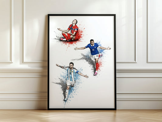 Football Legends Trio Messi Mbappe Haaland Celebration Sketch Wall Art Poster (Printable+Physical)