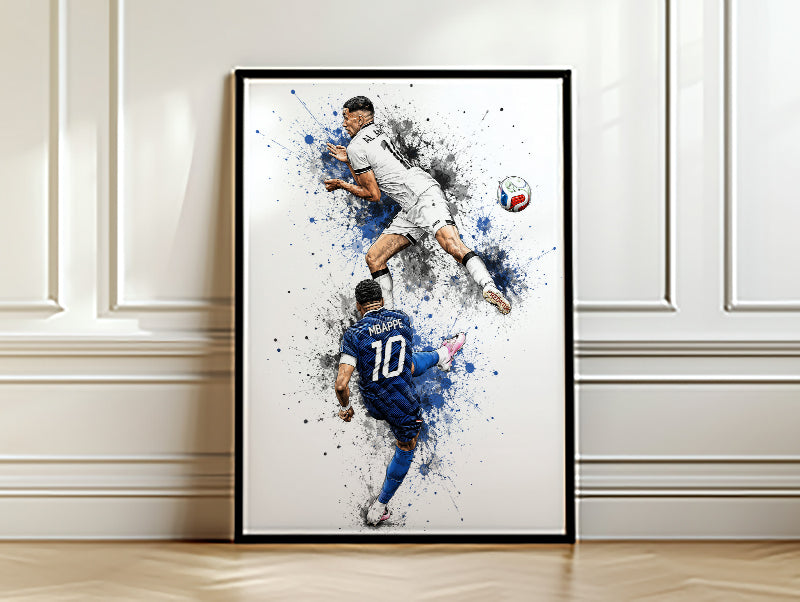 Mbappe Dual Action Football Poster Airborne Volley Watercolor Soccer Wall Art (Printable+Physical)