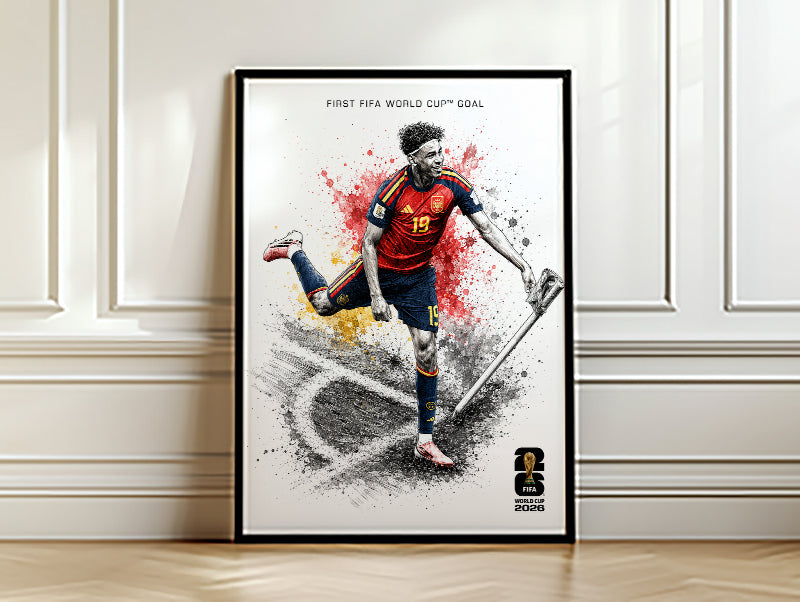 Lamine Yamal Spain First FIFA World Cup Goal Poster Corner Flag Celebration Splatter Wall Art (Printable+Physical)
