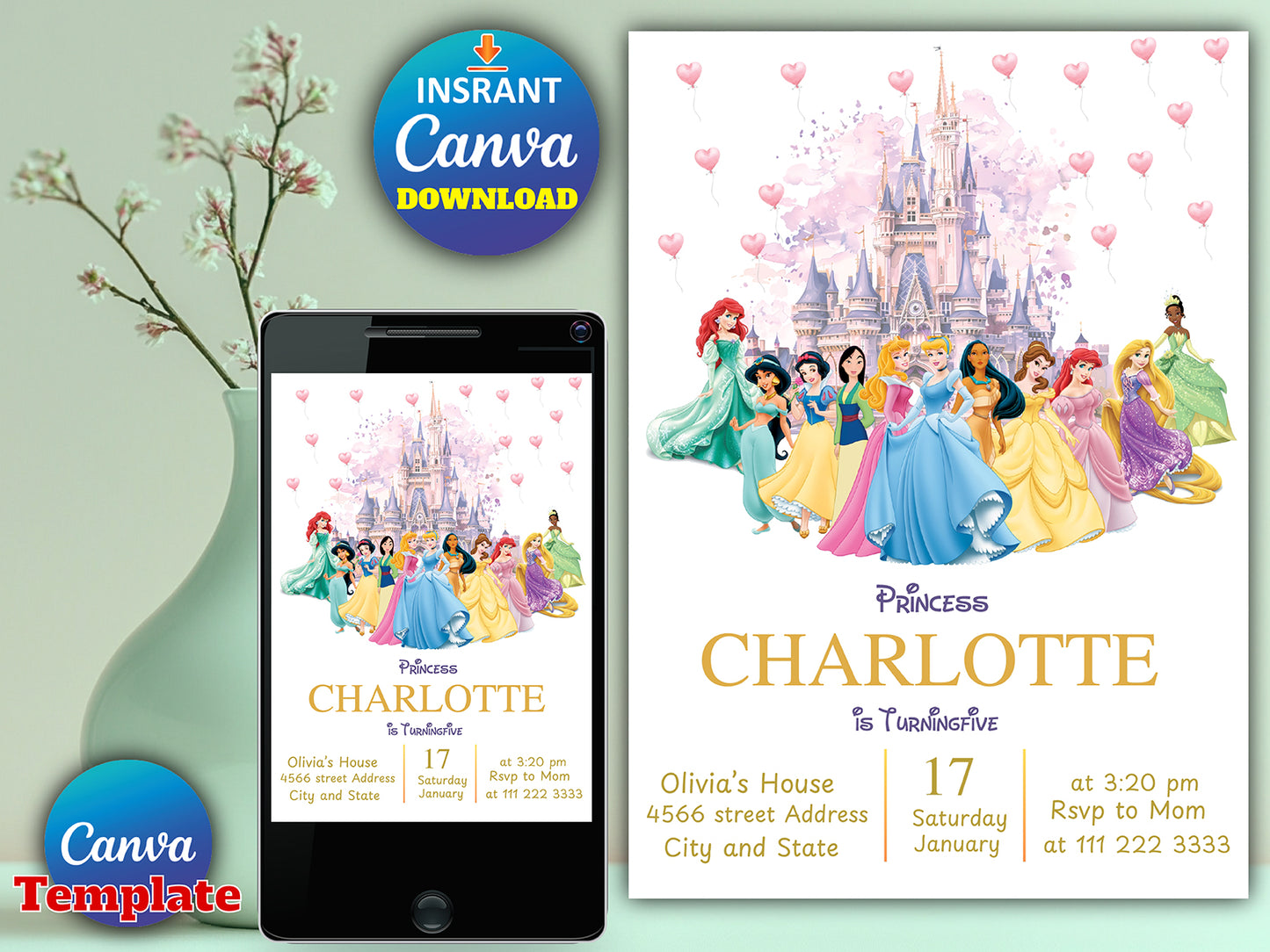 Watercolor Royal Princess Magical Birthday Party Invite(Printable)