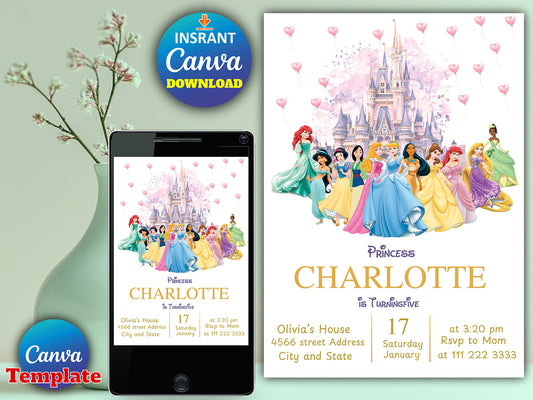 Watercolor Royal Princess Magical Birthday Party Invite(Printable)