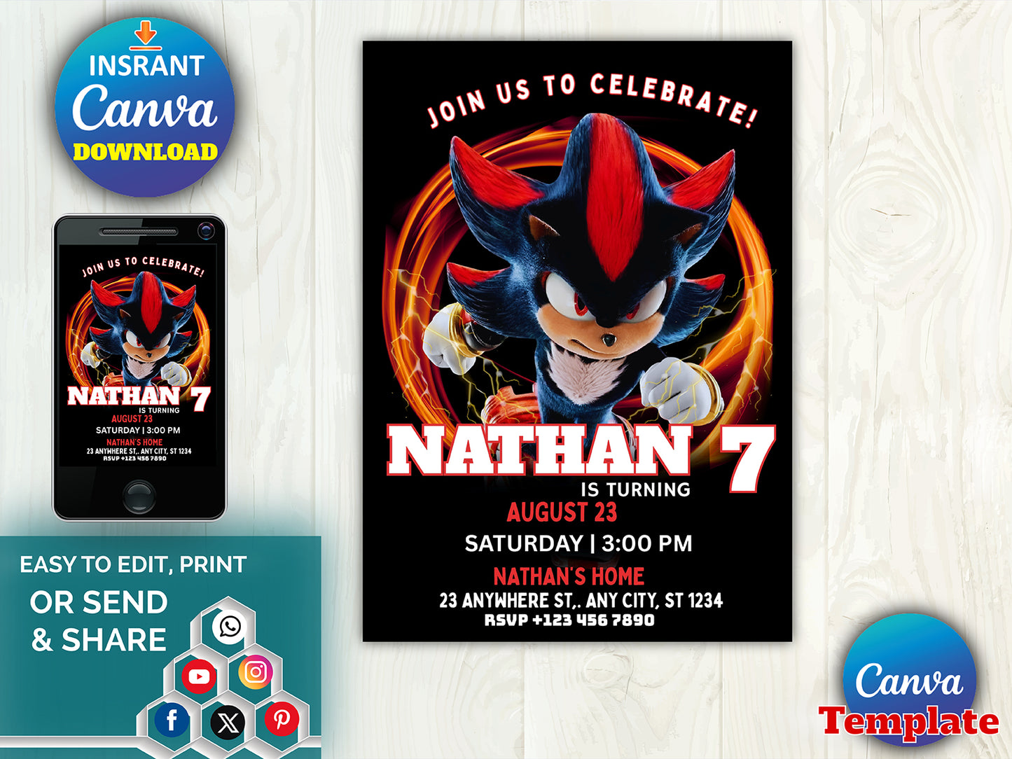 Editable Sonic the Hedgehog Birthday Invitation(Printable)