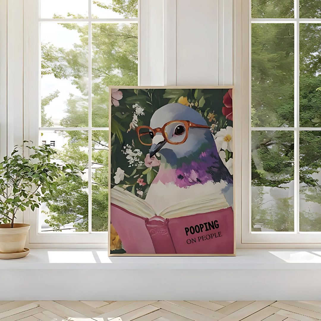 Humorous Pigeon Reading Bathroom Art Print(Printable+Physical)