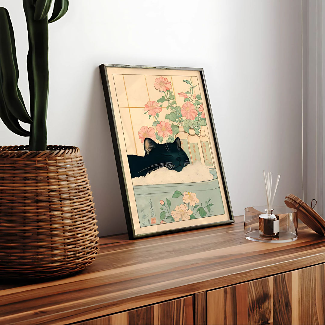 Black Cat Japanese Bathroom Minimalist Wall Art(Printable+Physical)