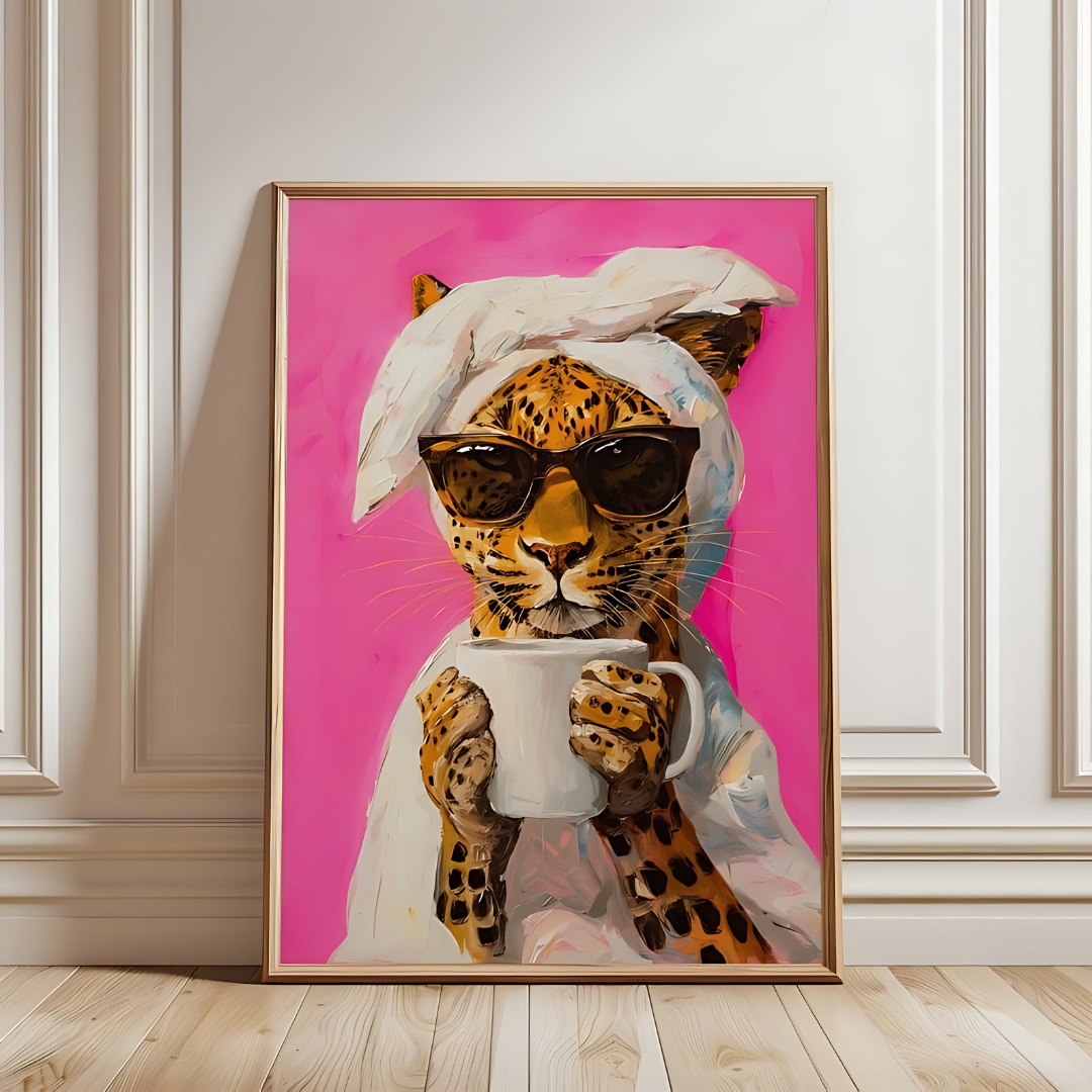 Leopard Drinking Coffee Maximalist Oil Painting(Printable+Physical)