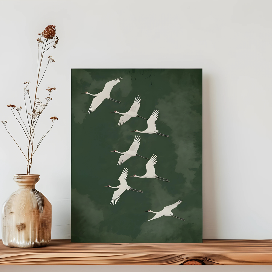 Flying Cranes Japandi  Green White Bird Print(Printable+Physical)