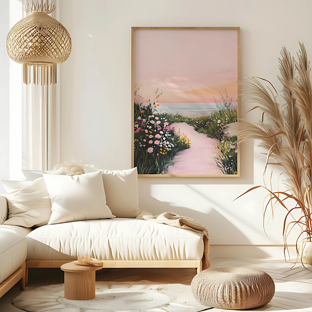 Pink Coastal Beach Spring Wildflower Landscape Painting Art(Printable+Physical)