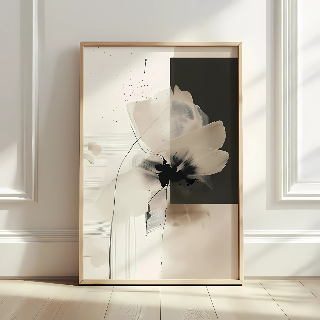 Modern Minimalist Art Beige Black Flower Abstract Art (Printable+Physical)