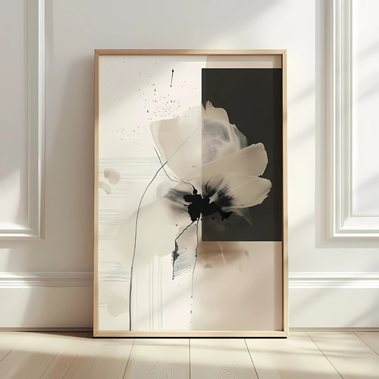 Modern Minimalist Art Beige Black Flower Abstract Art (Printable+Physical)