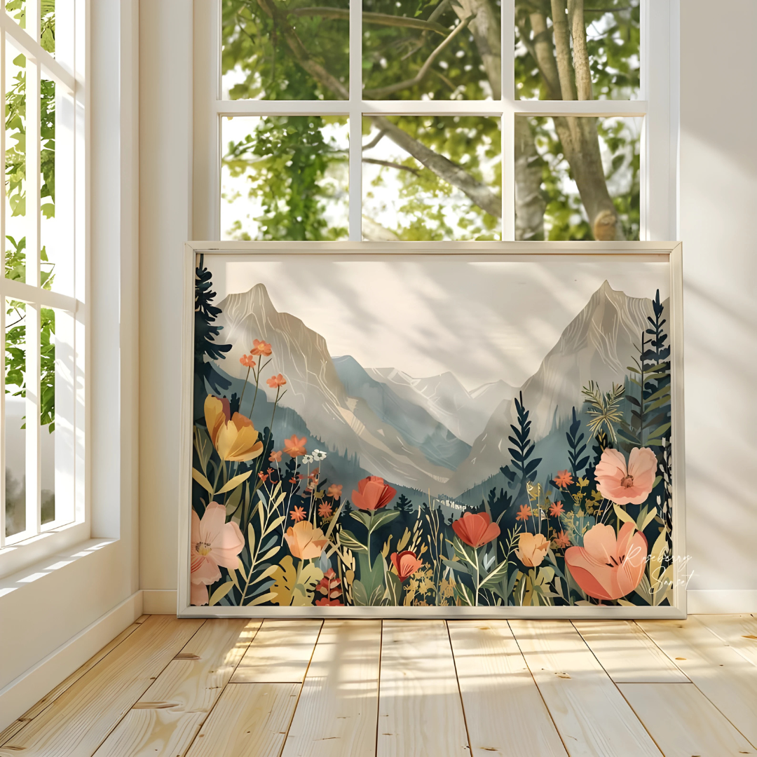 Spring Summer Mountain Landscape Wildflower Art Print(Printable+Physical)