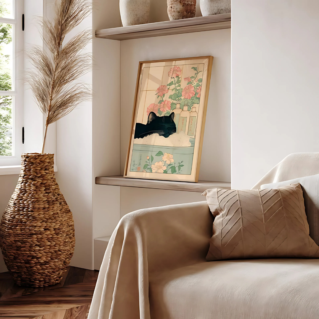 Black Cat Japanese Bathroom Minimalist Wall Art(Printable+Physical)