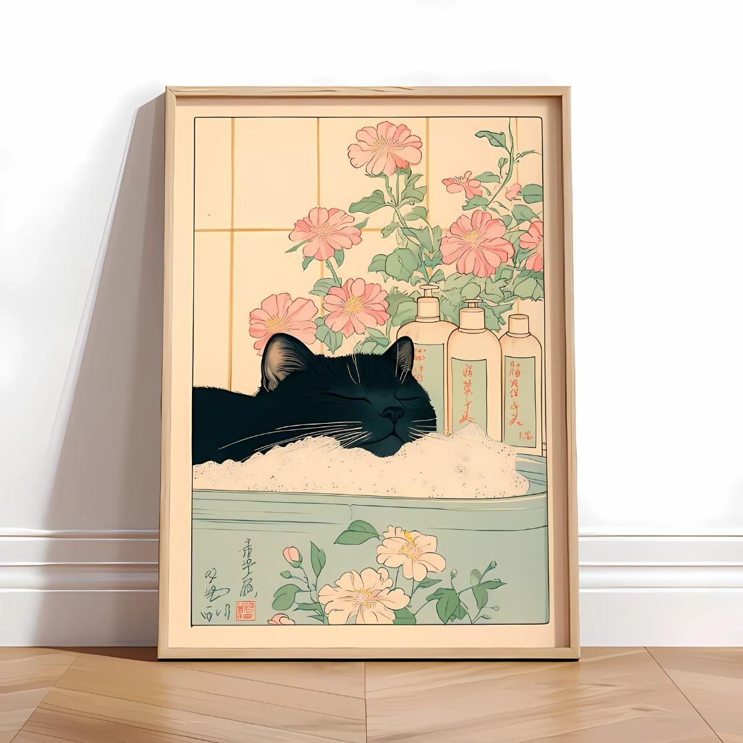 Black Cat Japanese Bathroom Minimalist Wall Art(Printable+Physical)