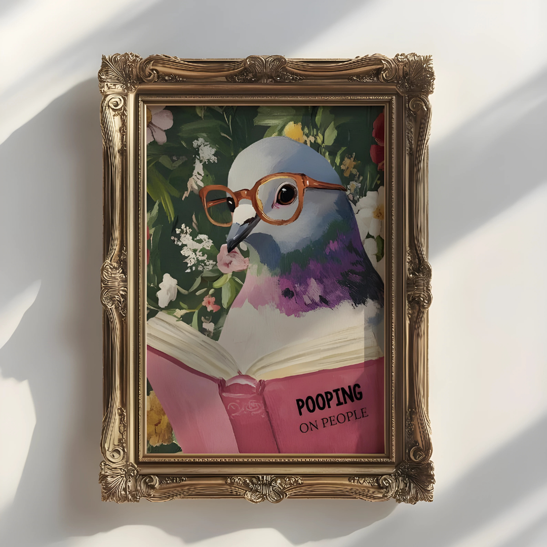 Humorous Pigeon Reading Bathroom Art Print(Printable+Physical)