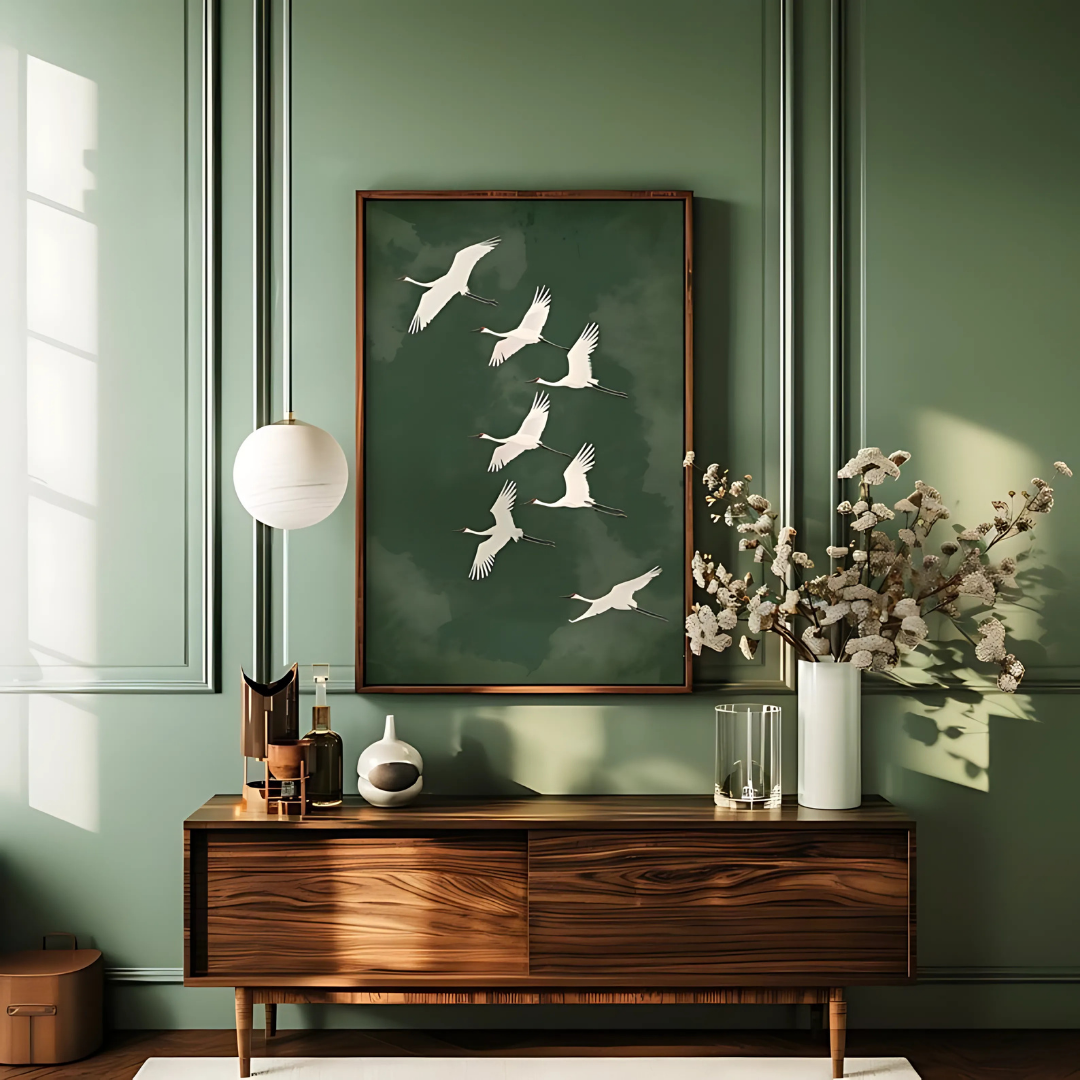 Flying Cranes Japandi  Green White Bird Print(Printable+Physical)