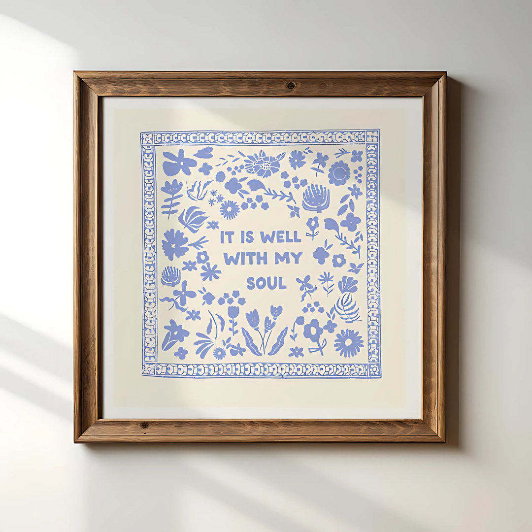 Blue Floral 'It Is Well With My Soul' Square Print(Printable+Physical)