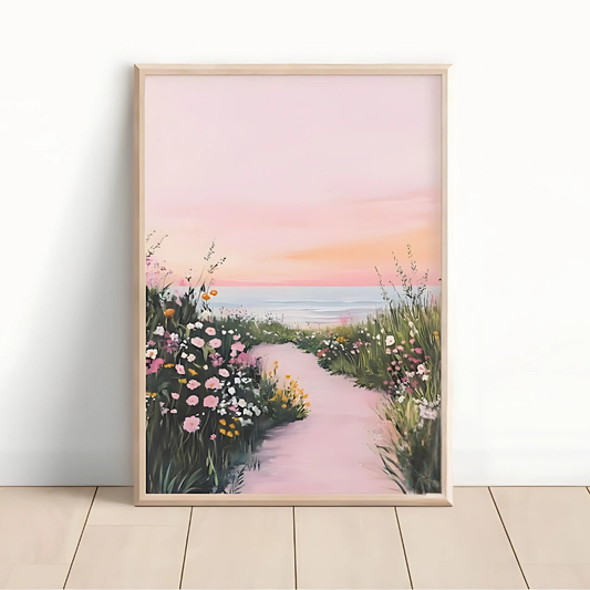 Pink Coastal Beach Spring Wildflower Landscape Painting Art(Printable+Physical)