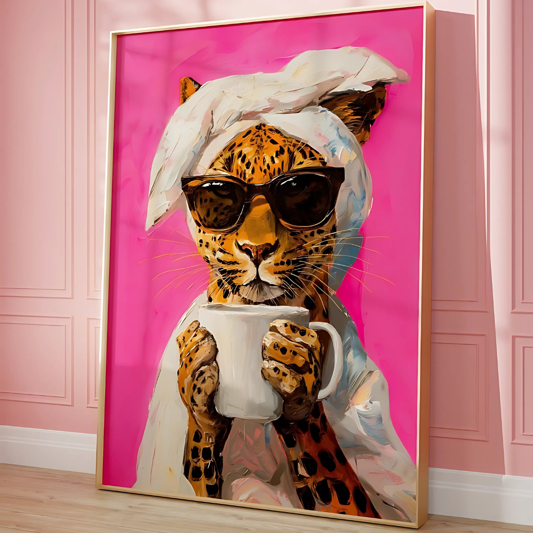 Leopard Drinking Coffee Maximalist Oil Painting(Printable+Physical)