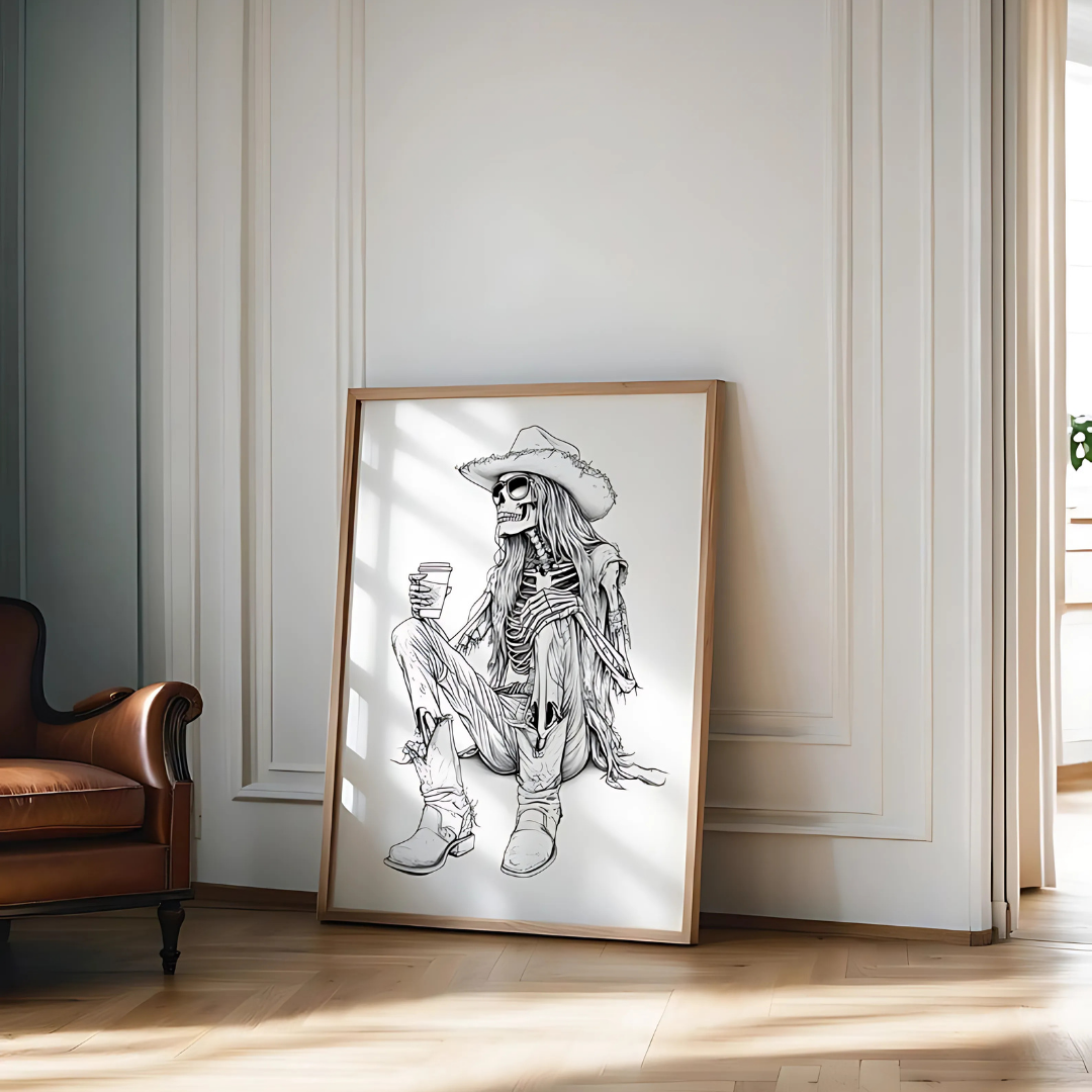 Skeleton Cowboy Drinking Cofee Print(Printable+Physical)