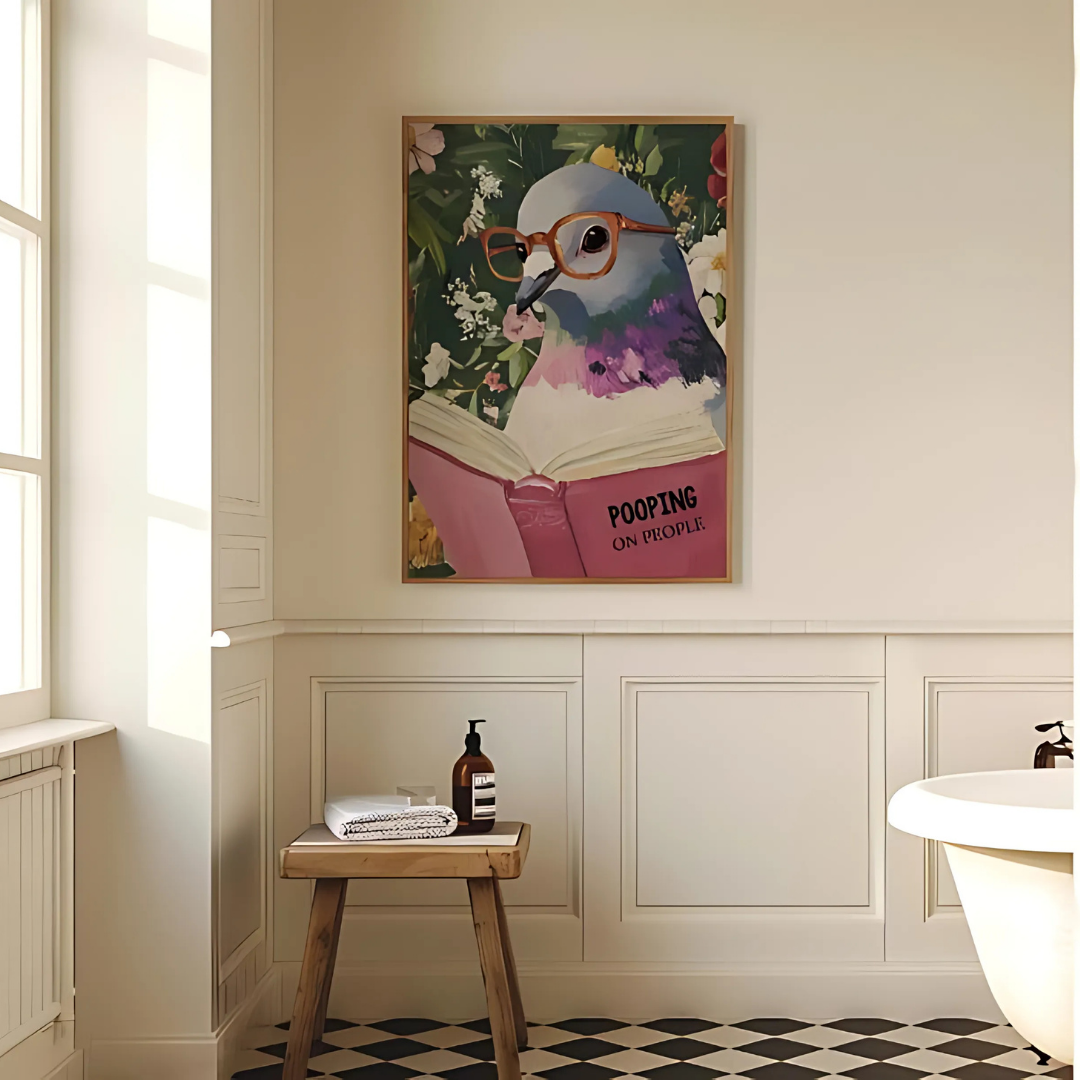 Humorous Pigeon Reading Bathroom Art Print(Printable+Physical)