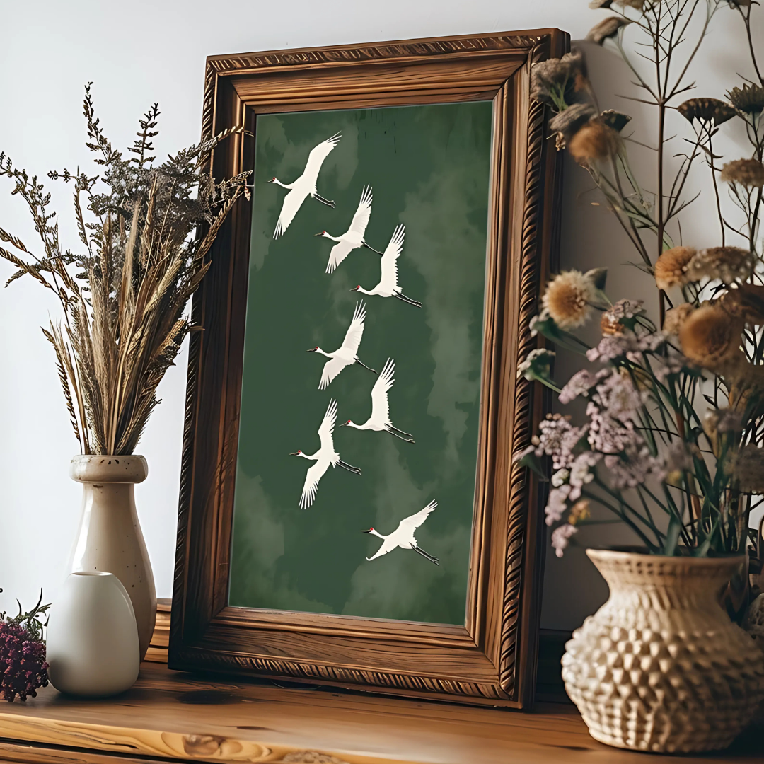 Flying Cranes Japandi  Green White Bird Print(Printable+Physical)